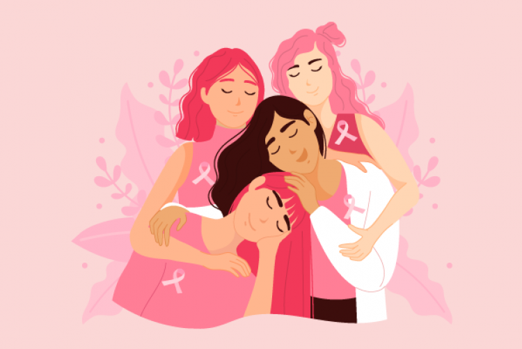 Desenho de quatro mulheres com blusa e cabelo em diferentes tons de rosa se abraçando