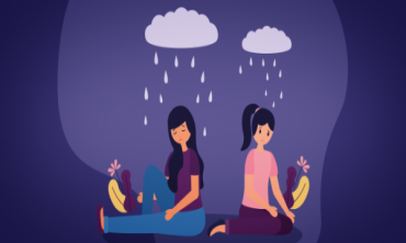 Desenho de duas mulheres sentadas de costas uma para outra com uma nuvem chuvosa sobre a cabeça de cada uma