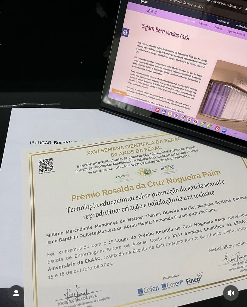 O certificado da premiação e o website